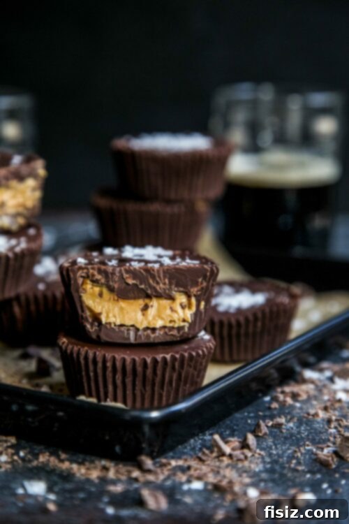 Dark Chocolate Stout Peanut Butter Cups 2 Delicious Dark Chocolate Peanut Butter Guinness Cups arranged on a platter, ready for celebration