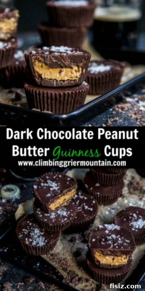 Dark Chocolate Stout Peanut Butter Cups 8 A stack of finished Dark Chocolate Peanut Butter Guinness Cups with a subtle green backdrop, perfect for St. Patrick's Day