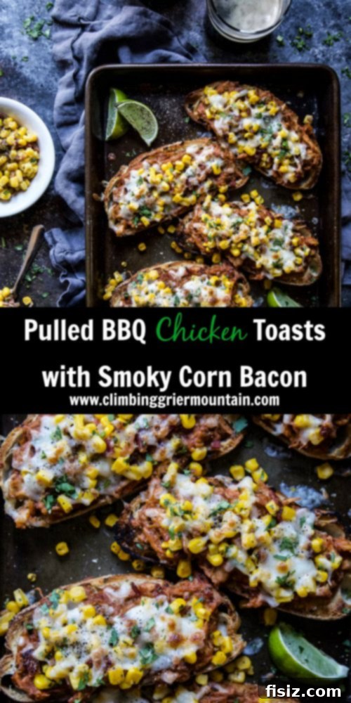 Crispy BBQ Chicken Toasts with Smoky Corn & Bacon 7 Platter of Pulled BBQ Chicken Toasts with Smoky Corn Bacon, ready to eat