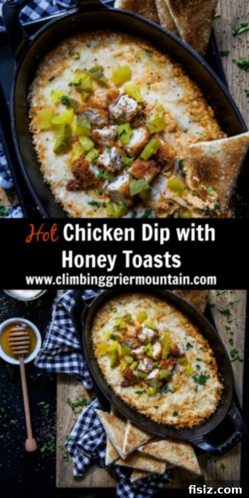 Sweet Heat Chicken Dip with Honey Butter Toasts 8 Delicious Hot Chicken Dip with garnishes, ready to be enjoyed.