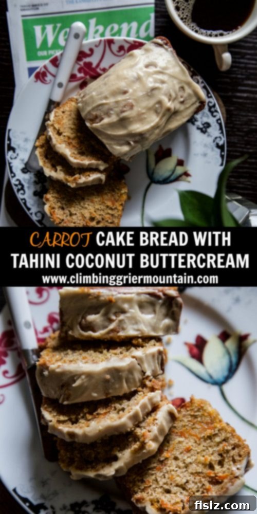 Spiced Carrot Loaf with Tahini Coconut Frosting 8 A top-down view of a beautifully frosted Carrot Cake Bread with Tahini Coconut Buttercream, adorned with fresh herbs and spices, on a light-colored surface.
