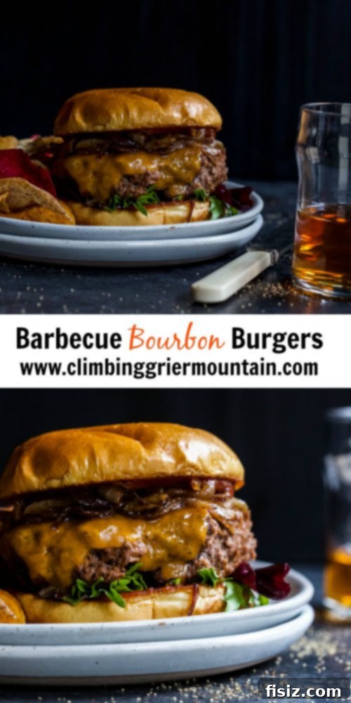 Bourbon-Glazed Grill Burgers 8 Two Barbecue Bourbon Burgers on a wooden board