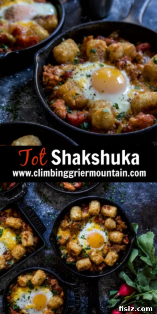 Crispy Tot Shakshuka 8 A beautifully plated serving of Tot Shakshuka, garnished with fresh herbs, showcasing its vibrant colors and inviting texture.