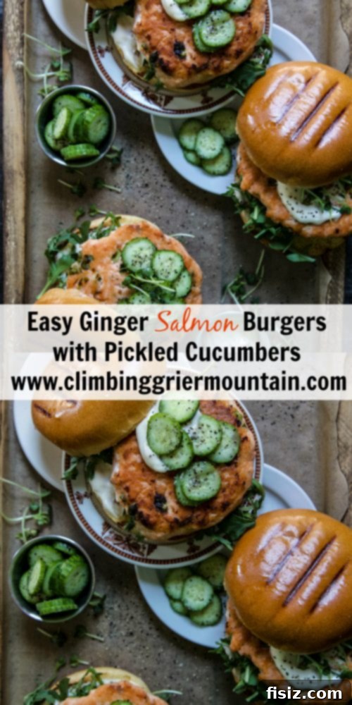 Easy Ginger Salmon Burgers and Crisp Pickled Cucumbers 8 Final plated Ginger Salmon Burgers with Pickled Cucumbers, side view
