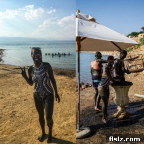 Dead Sea Jordan Accommodations Dining and Attractions 18 A person covered in Dead Sea mud, smiling and enjoying the therapeutic experience