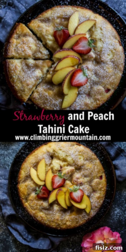 Strawberry Peach Tahini Cake 7 Beautifully plated slice of Strawberry and Peach Tahini Cake with confectioners' sugar