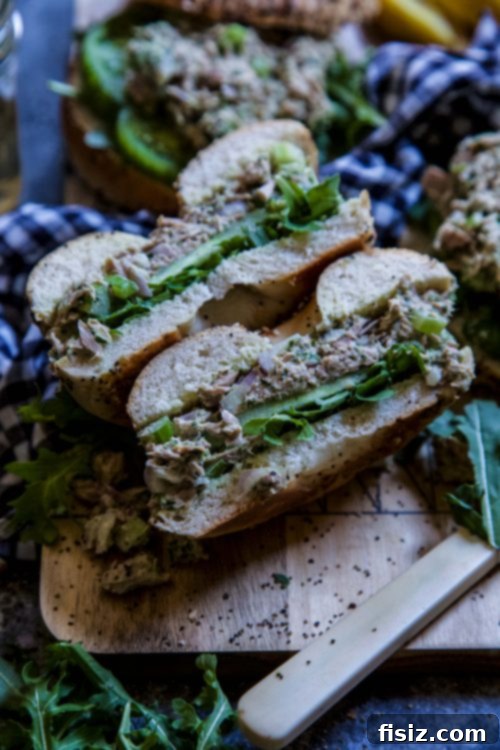 Everything Bagel Green Goddess Tuna Salad 6 Close-up of a freshly made Green Goddess Tuna Salad with Everything Bagel, showcasing delicious textures