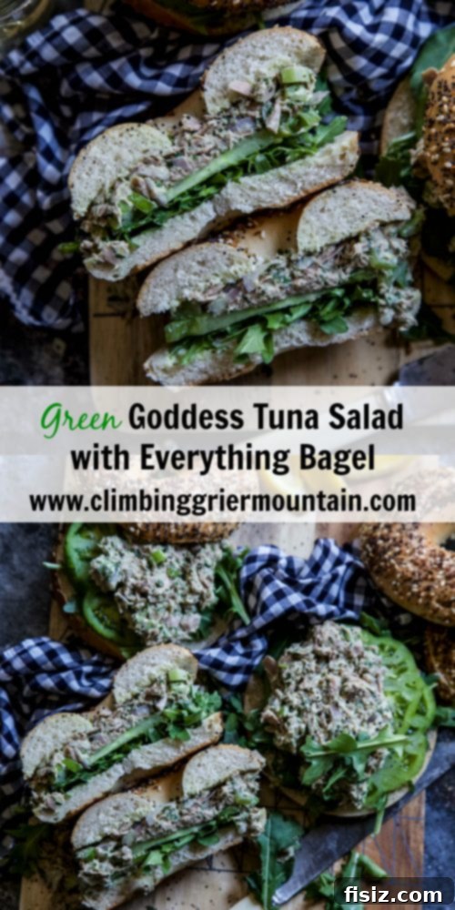 Everything Bagel Green Goddess Tuna Salad 9 Beautifully arranged Green Goddess Tuna Salad sandwiches on everything bagels, ready to be enjoyed