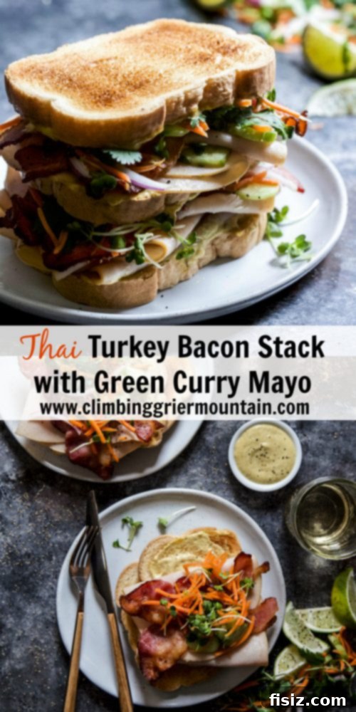 Thai Turkey Bacon Stack with Green Curry Aioli 9 Side view of a perfectly assembled Thai Turkey Bacon Stack sandwich