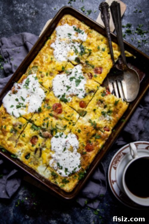 Farm Fresh Sheet Pan Frittata 5 Farmers' Market Sheet Pan Frittata garnished with burrata and fresh parsley, ready to serve