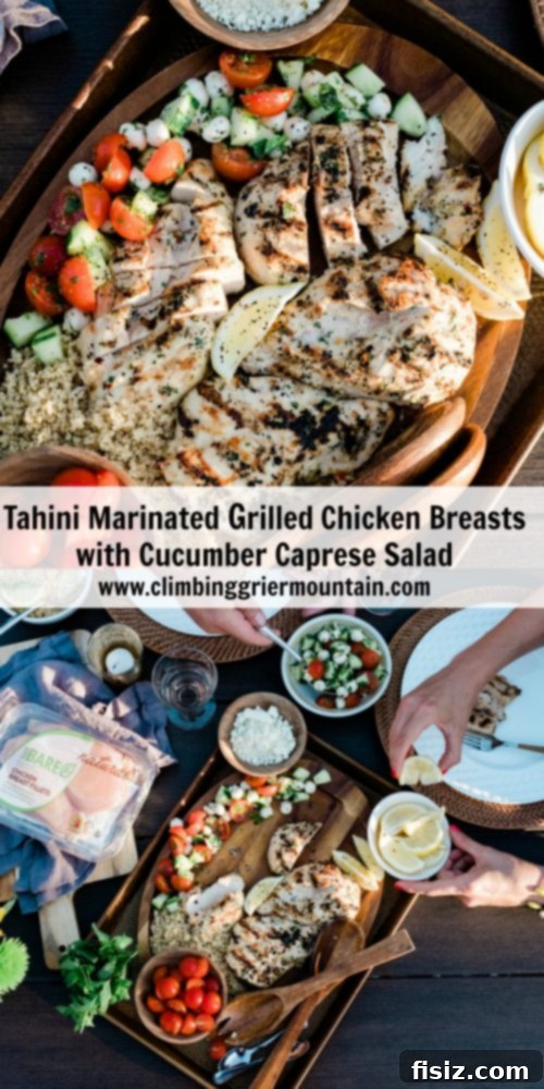 Tahini Grilled Chicken with Fresh Cucumber Caprese 12 An overhead shot of a beautifully plated meal featuring sliced Tahini Marinated Grilled Chicken Breasts and Cucumber Caprese Salad.