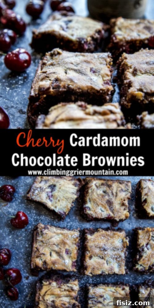Cherry Cardamom Chocolate Brownies Giveaway 10 A stack of Cherry Cardamom Chocolate Brownies adorned with fresh cherries