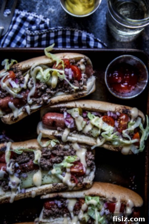Indulgent Cheeseburger Dogs 6 Close-up of ground beef topping for cheeseburger hot dogs