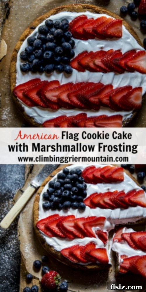 Stars & Stripes Cookie Cake with Fluffy Marshmallow Topping 8 Full view of the finished American Flag Cookie Cake, ready to be served.
