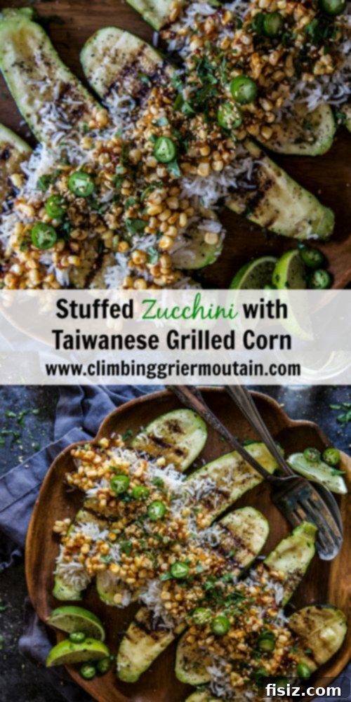 Taiwanese Grilled Corn Zucchini Boats 8 Stuffed zucchini with Taiwanese grilled corn and fresh garnishes on a white plate