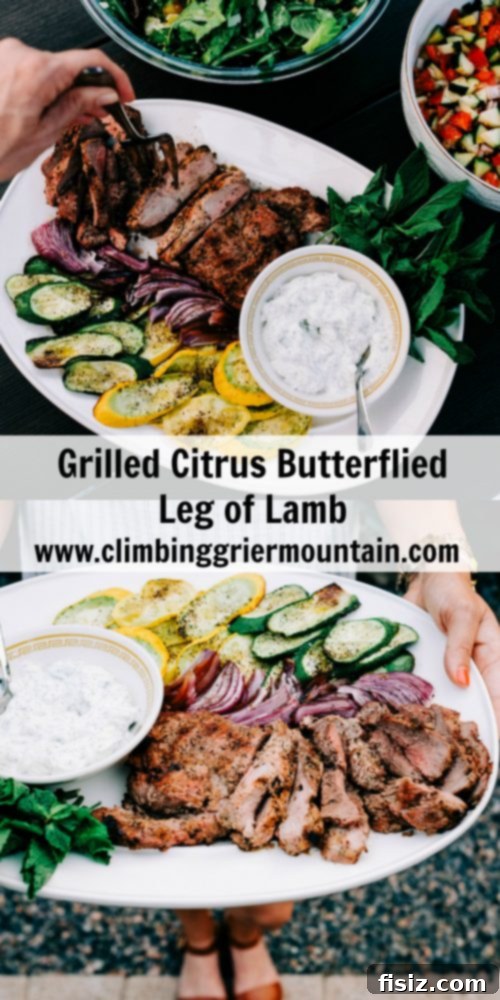 Zesty Grilled Butterflied Leg of Lamb 15 Overhead shot of a full platter of sliced grilled lamb, ready to be served at a dinner party