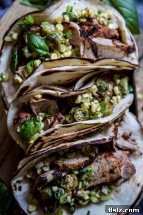 Succulent Grilled Pork Tacos with Bright Corn-Okra Relish 6 Prepared grilled pork tenderloin tacos topped with corn-okra relish