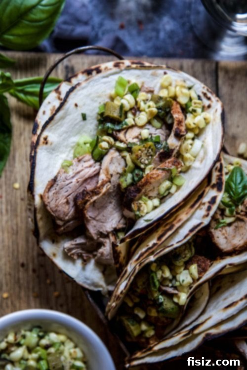 Succulent Grilled Pork Tacos with Bright Corn-Okra Relish 7 Full plate of Grilled Pork Tenderloin Tacos with Corn-Okra Relish
