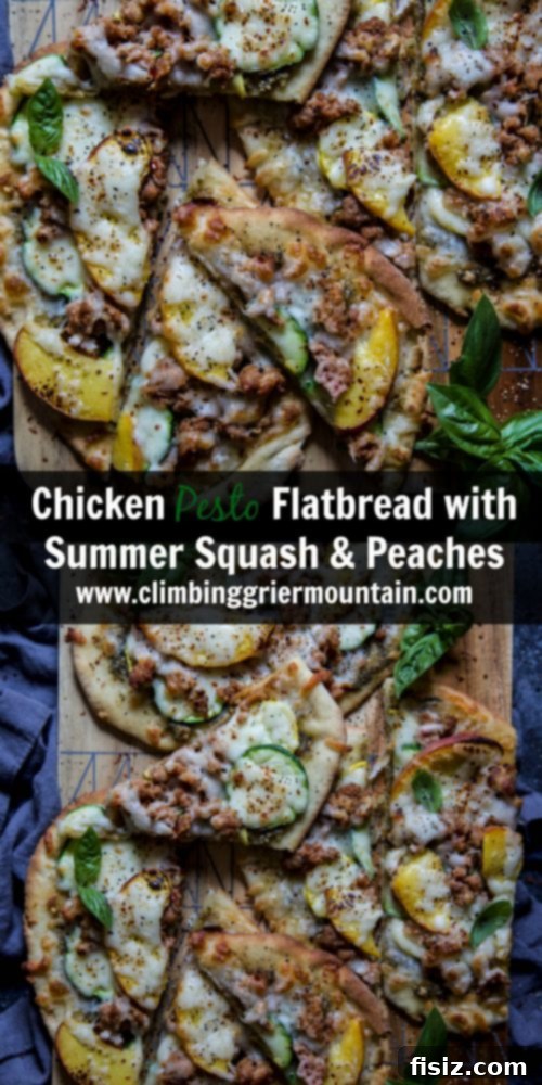 Sweet and Savory Chicken Pesto Flatbread with Summer Peaches and Squash 8 Chicken Pesto Flatbread with Summer Squash and Peaches, sliced and ready to serve on a rustic wooden board.