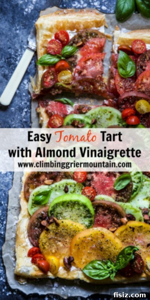 Effortless Tomato Tart with Almond Vinaigrette 8 Slice of Easy Tomato Tart with Almond Vinaigrette, ready to serve