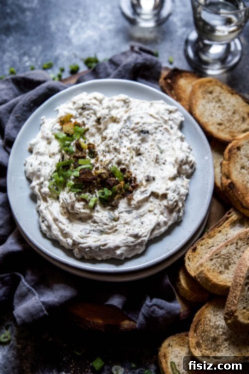 Creamy Labneh and Scallion Dip 3 Overhead shot of Labneh Scallion Dip, garnished, on a rustic surface