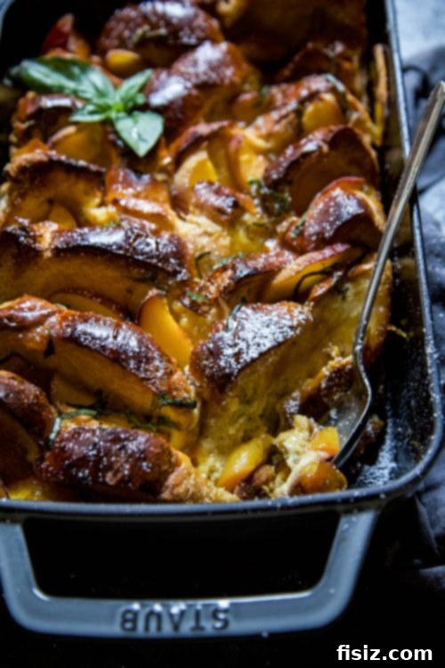 Baked Peach and Basil French Toast 6 Serving of Peach and Basil French Toast Bake with powdered sugar, fresh basil, and a drizzle of maple syrup