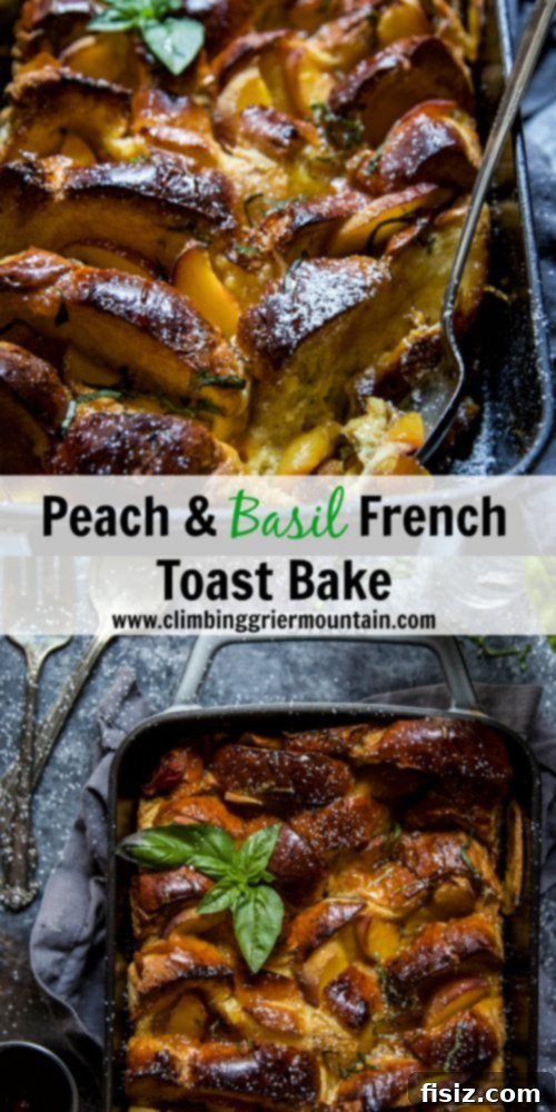 Baked Peach and Basil French Toast 7 Full tray of baked Peach and Basil French Toast Bake, golden brown and puffed, hot from the oven