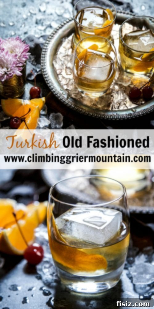 Turkish Classics 7 Close-up of a Turkish Old Fashioned cocktail in a crystal glass with an orange slice and cherry.