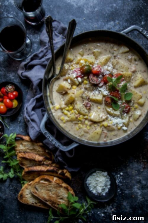 A vibrant bowl of Greek Corn Chowder, garnished with feta, tomatoes, and olives