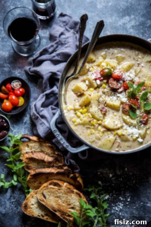 A bowl of creamy Greek Corn Chowder topped with feta, tomatoes, and olives on a rustic table