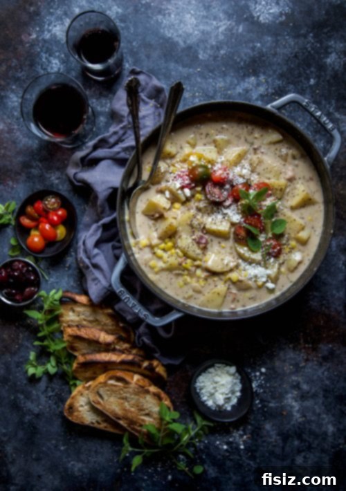 Overhead view of a beautifully garnished Greek Corn Chowder, ready to be enjoyed