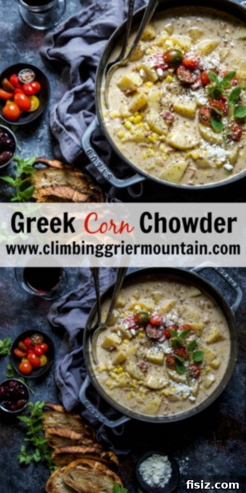 A delicious bowl of Greek Corn Chowder with a spoon, ready to be eaten