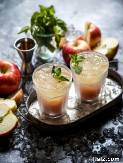 Harvest Apple Rum Cooler 2 A tall glass filled with a vibrant orange Apple Cider Rum Cooler, garnished with fresh mint and an apple slice. The drink is surrounded by whole Honeycrisp apples, emphasizing its fresh ingredients.