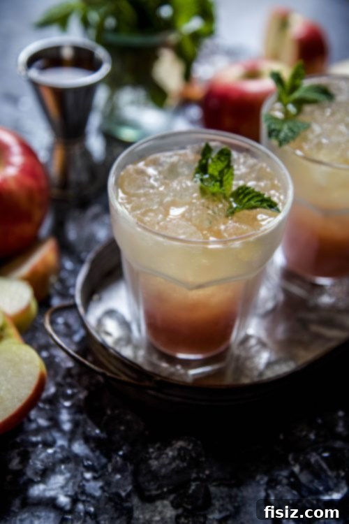 Harvest Apple Rum Cooler 5 A hand gently garnishing a freshly made Apple Cider Rum Cooler with a sprig of mint, highlighting the final touch that enhances both presentation and aroma.