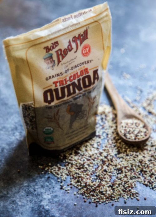 One-Pan Shawarma Chicken Quinoa Bake 3 A bowl of uncooked Bob's Red Mill Organic Tri-Color Quinoa Grains