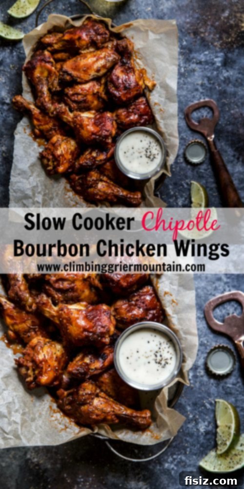 Tender Slow Cooker Chipotle Bourbon Chicken Wings 7 A large platter of Slow Cooker Chipotle Bourbon Chicken Wings, garnished and ready for serving at a party, seen from above.