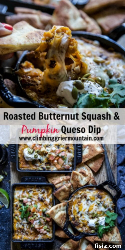 Creamy Golden Pumpkin & Butternut Queso 7 A top-down shot of the finished Roasted Butternut Squash & Pumpkin Queso Dip, in a decorative skillet, beautifully garnished with fresh cilantro, pico de gallo, and toasted pepitas, alongside a bowl of crispy tortilla chips.