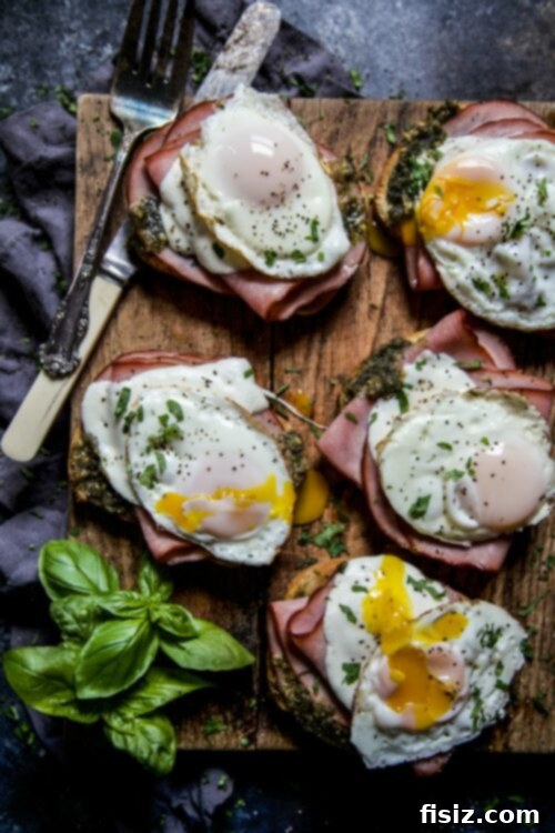 Cheesy Ham, Pesto & Fried Egg Toast 2 Open Faced Ham and Pesto Melt with Fried Egg on Sourdough Bread