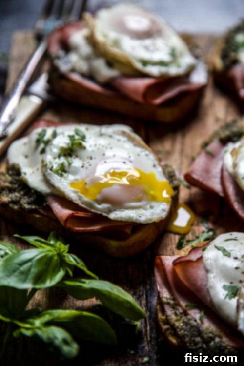 Cheesy Ham, Pesto & Fried Egg Toast 3 Close-up of an Open Faced Ham and Pesto Melt with Fried Egg