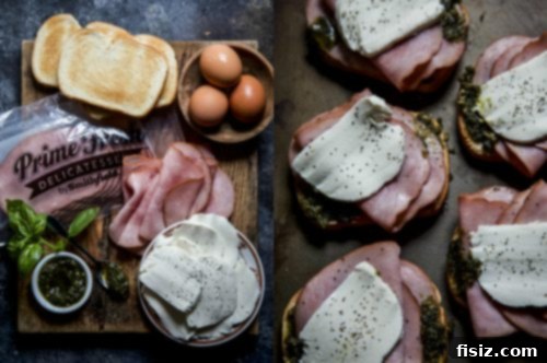 Cheesy Ham, Pesto & Fried Egg Toast 4 Open Faced Ham and Pesto Melt with a side of fresh herbs