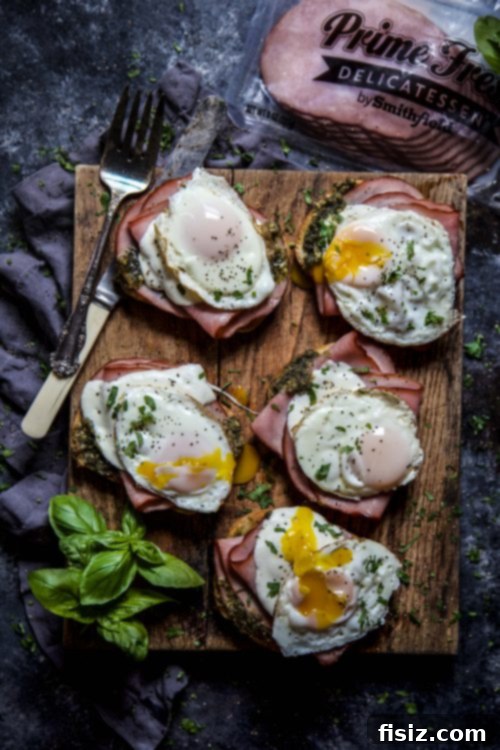 Cheesy Ham, Pesto & Fried Egg Toast 6 Open Faced Ham and Pesto Melt with Fried Egg on a plate