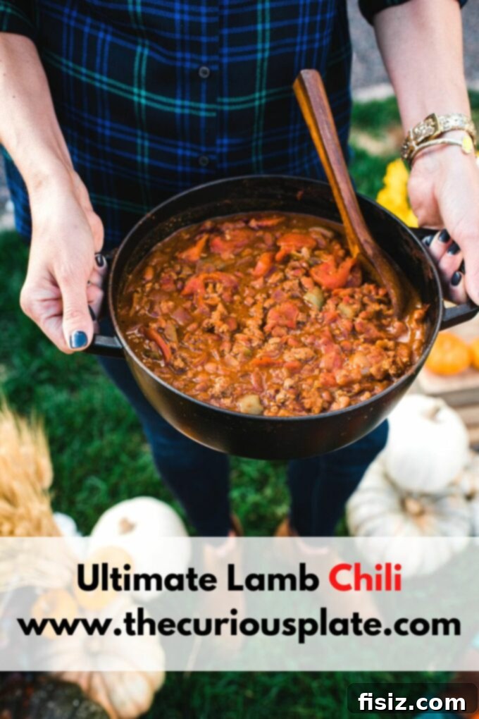 Legendary Lamb Chili 9 A large serving bowl of Ultimate Lamb Chili on a rustic table during a fall picnic.