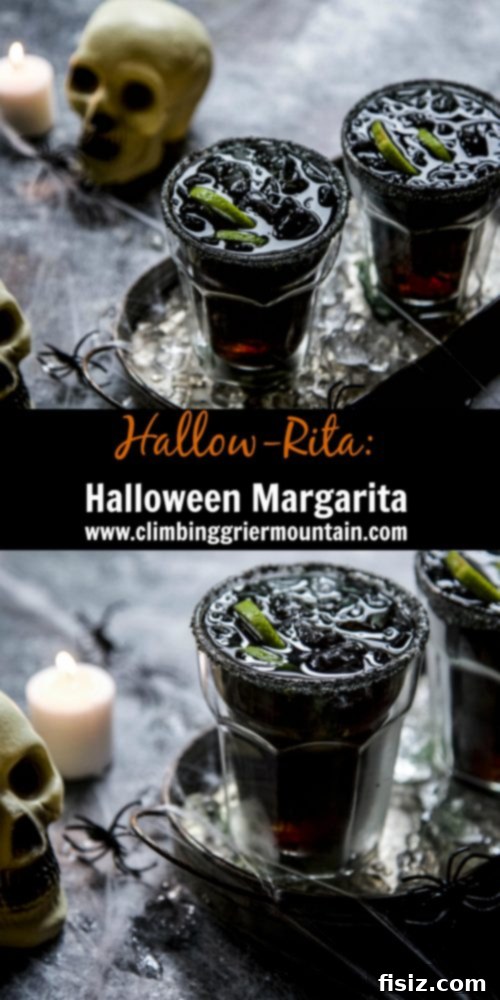Fright Night Margarita 8 A close-up shot of a Hallow-Rita Halloween Margarita cocktail, showing the vivid green color, black salt rim, and a lime slice garnish, ready to be enjoyed.
