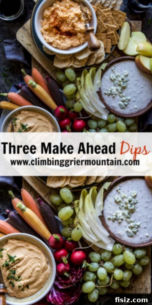 Three Easy Make-Ahead Dips 8 A beautifully presented trio of make-ahead dips on a festive table setting.