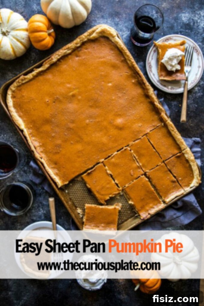 overhead shot of an entire baked sheet pan pumpkin pie, still in the pan, waiting to be sliced and served