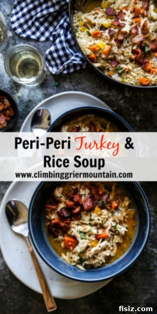 Spicy Peri Peri Turkey and Rice Soup 7 A large, inviting bowl of Peri-Peri Turkey and Rice Soup, garnished with parsley and bacon, ready to be enjoyed.