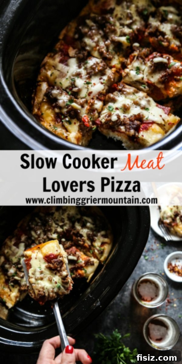Ultimate Slow Cooker Meat Lovers Pizza 8 Slice of Slow Cooker Meat Lovers Pizza garnished with basil