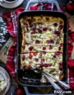 Sausage Cranberry and Brie Breakfast Strata 7 Finished Sausage, Cranberry, and Brie Egg Casserole ready for serving