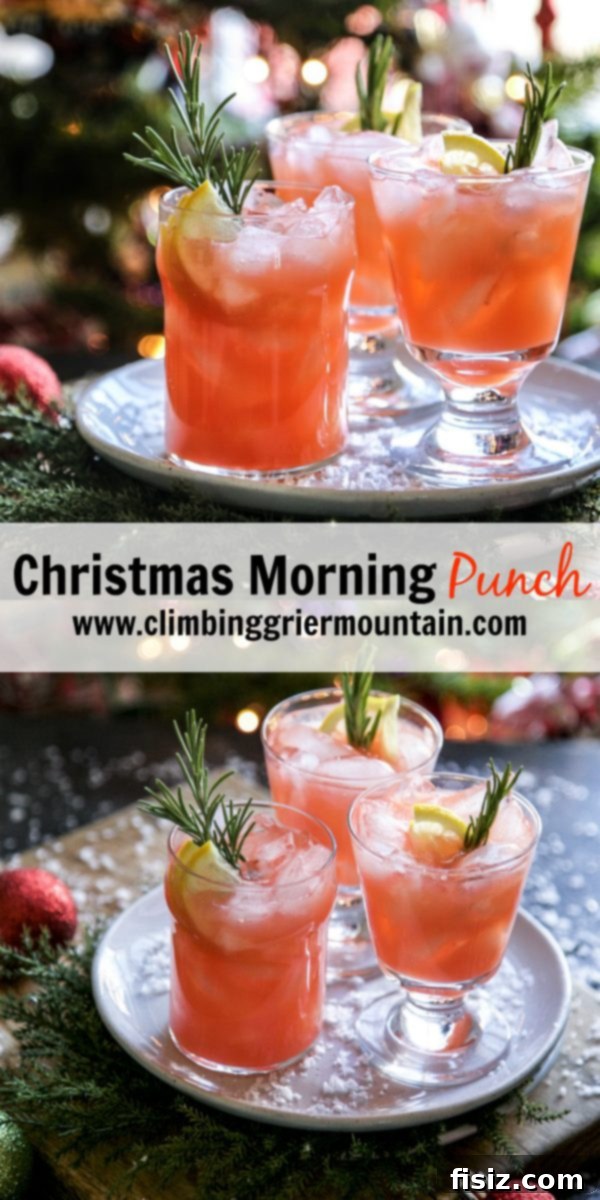 A festive holiday table setting with Christmas Morning Punch, cinnamon rolls, and other breakfast items.