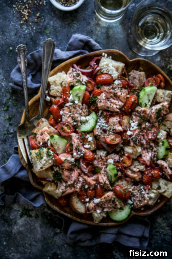 Mediterranean Zaatar Salmon Panzanella 2 Fresh Za'atar Panzanella Salmon Salad with crispy bread and colorful vegetables